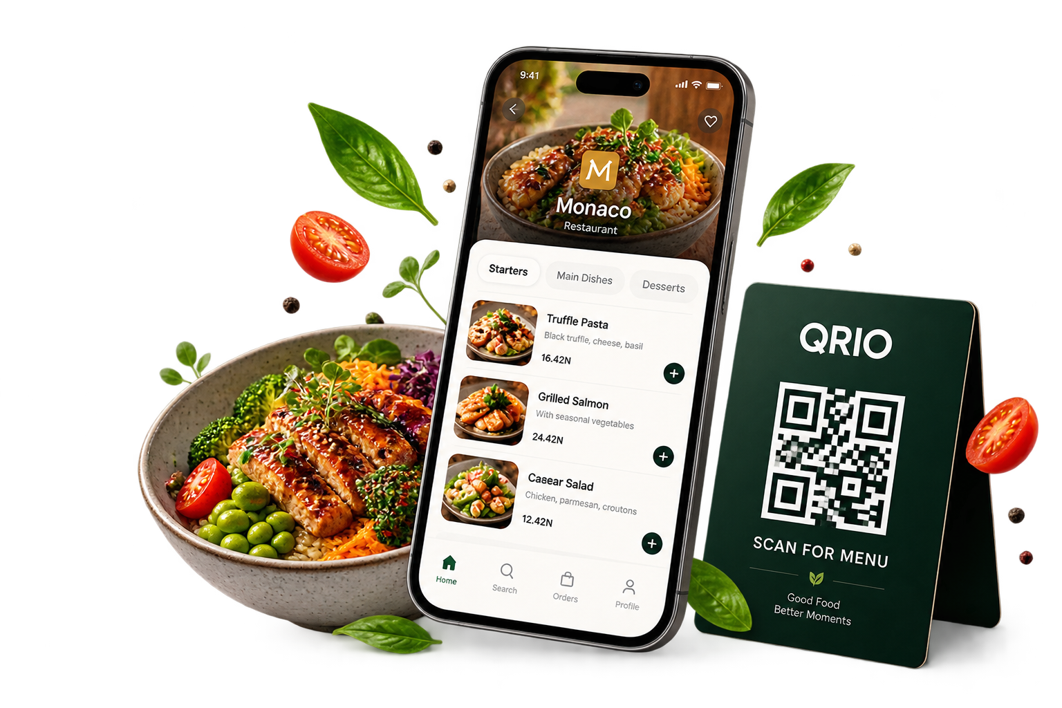 Telefonda QRİO dijital menü ve masada QR kod